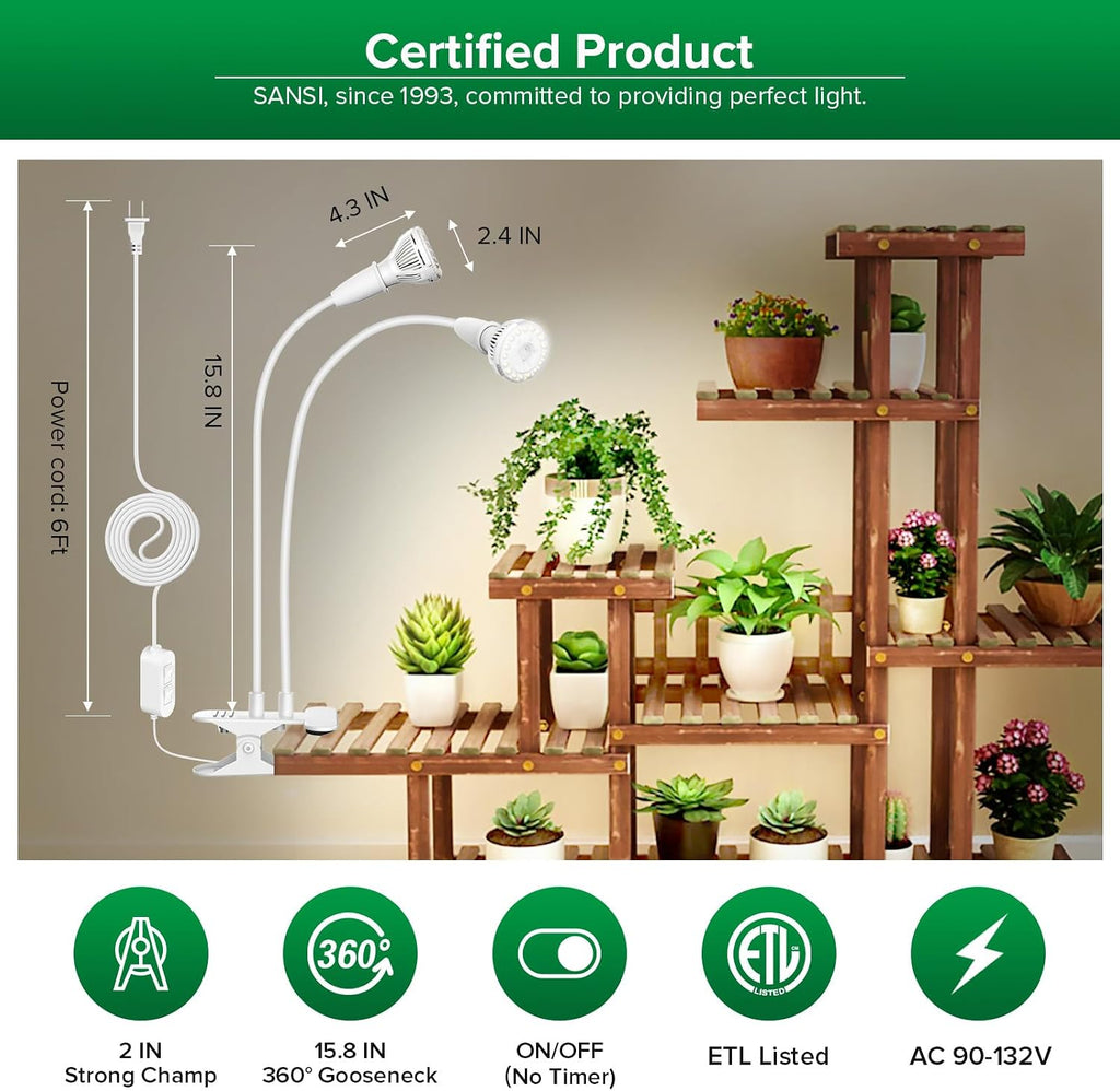 SANSI Grow Lights for Indoor Plants, 20W Clip-On Gooseneck LED Plant Lights | Lifetime Free Bulb Replacement, Plant