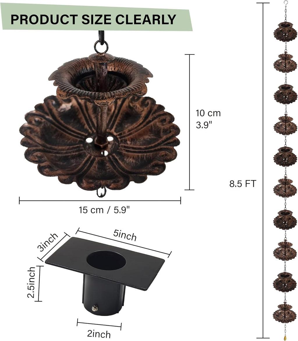8.5FT Fountain Iron Rain Chain for Gutters and Rain Barrel+Adapter, Bronze | Rain Chains for Downspout, Rust-Prevent