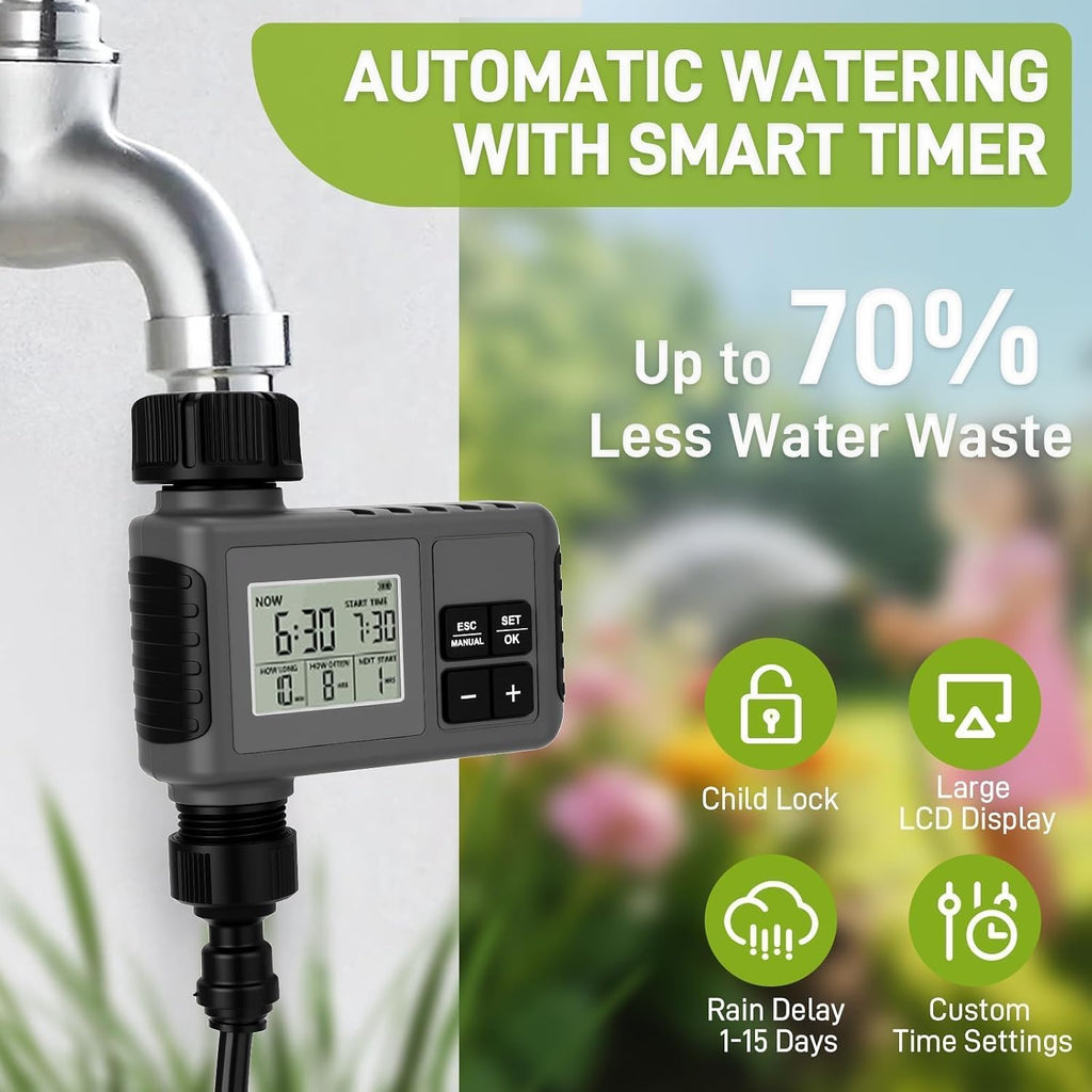 66FT Drip Irrigation System with Water Timer, Automatic Garden Watering Kit | with Flexible 360° Bendable Tubing and