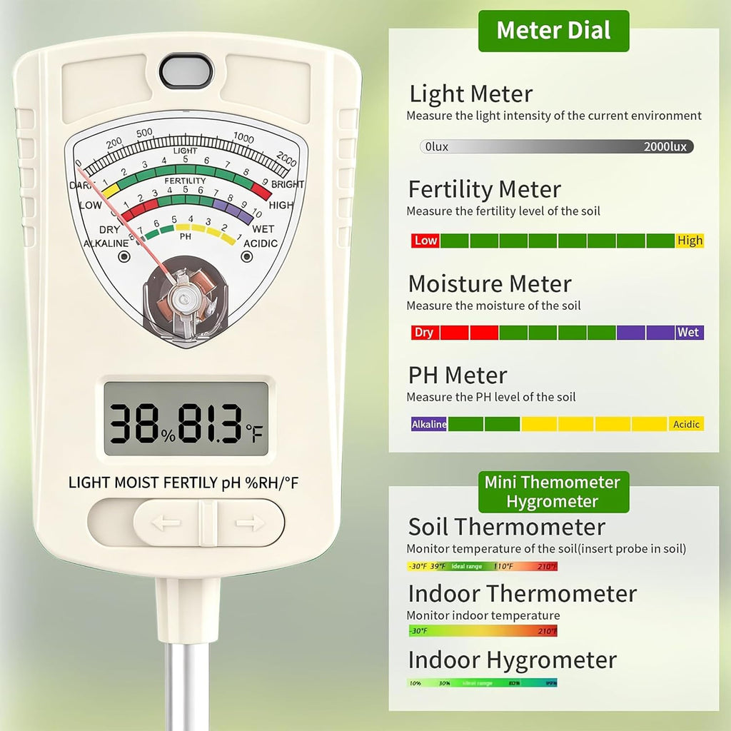 Soil Test Kit, 7-in-1 Soil Moisture Meter, Dual Screen Soil Tester, Moisture/pH/Temperature/Sunlight/Air