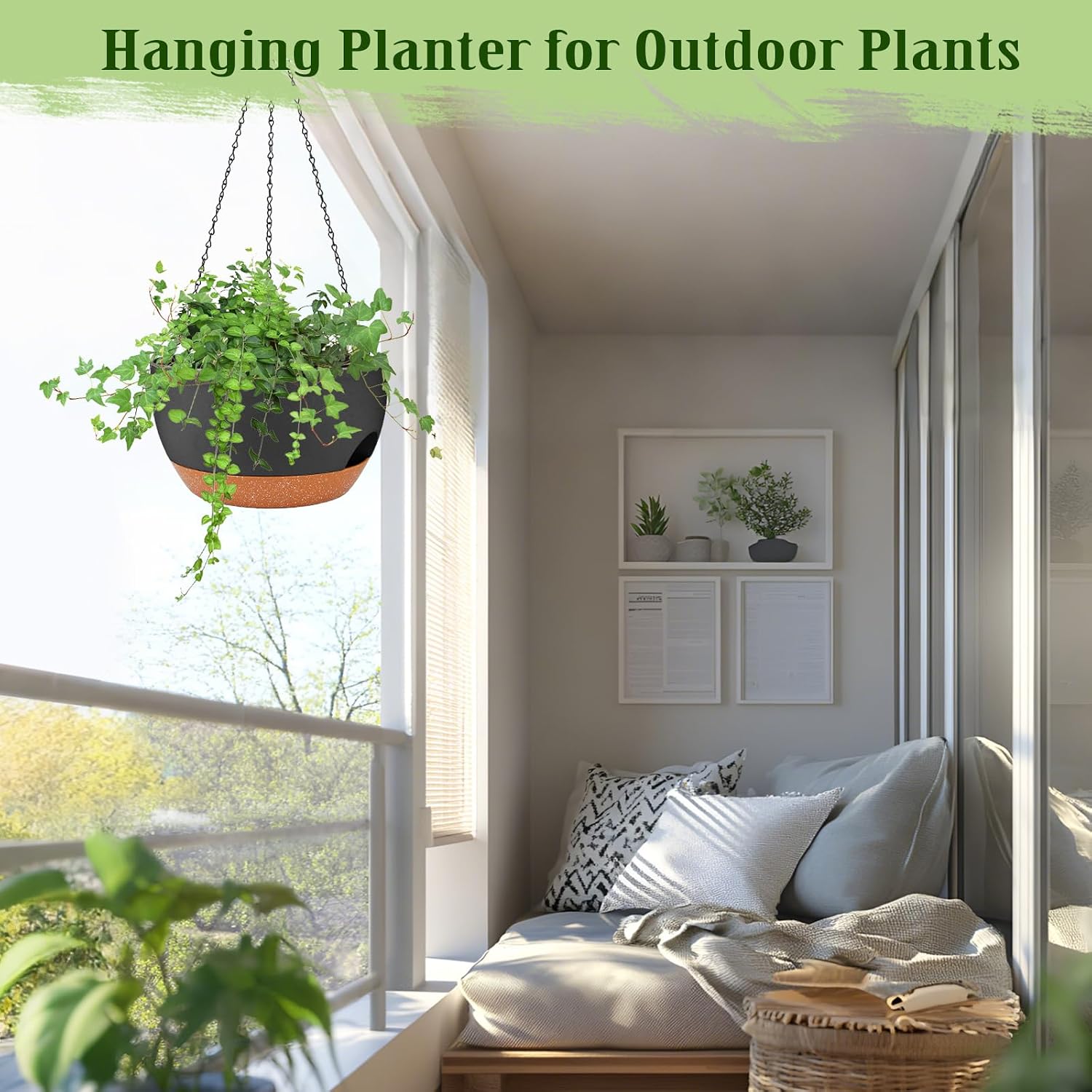 12 Inch Self Watering Hanging Planters with Removable Reservoir, 2 Pack | Drainage Holes, Metal Chain, for