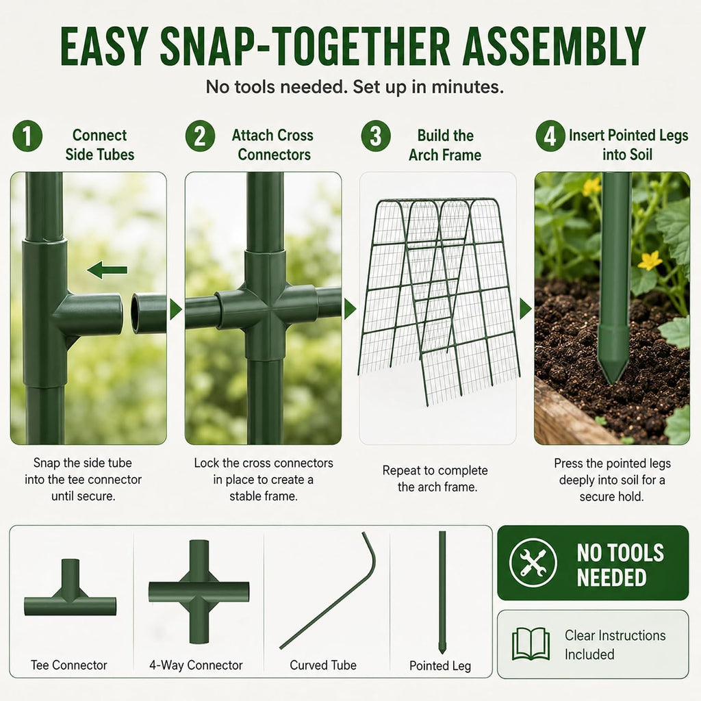 63" Tall Garden Trellis for Climbing Plants, 16mm Heavy Duty Metal Frame Cucumber Trellis with Netting, 20 Plant Clips