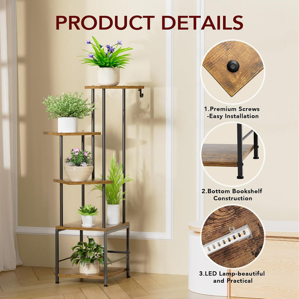 Plant Stand Indoor with Grow Light - 5-Tier Metal Plant Shelf with Hanging Basket Hook, Corner Tall Flower Holder for