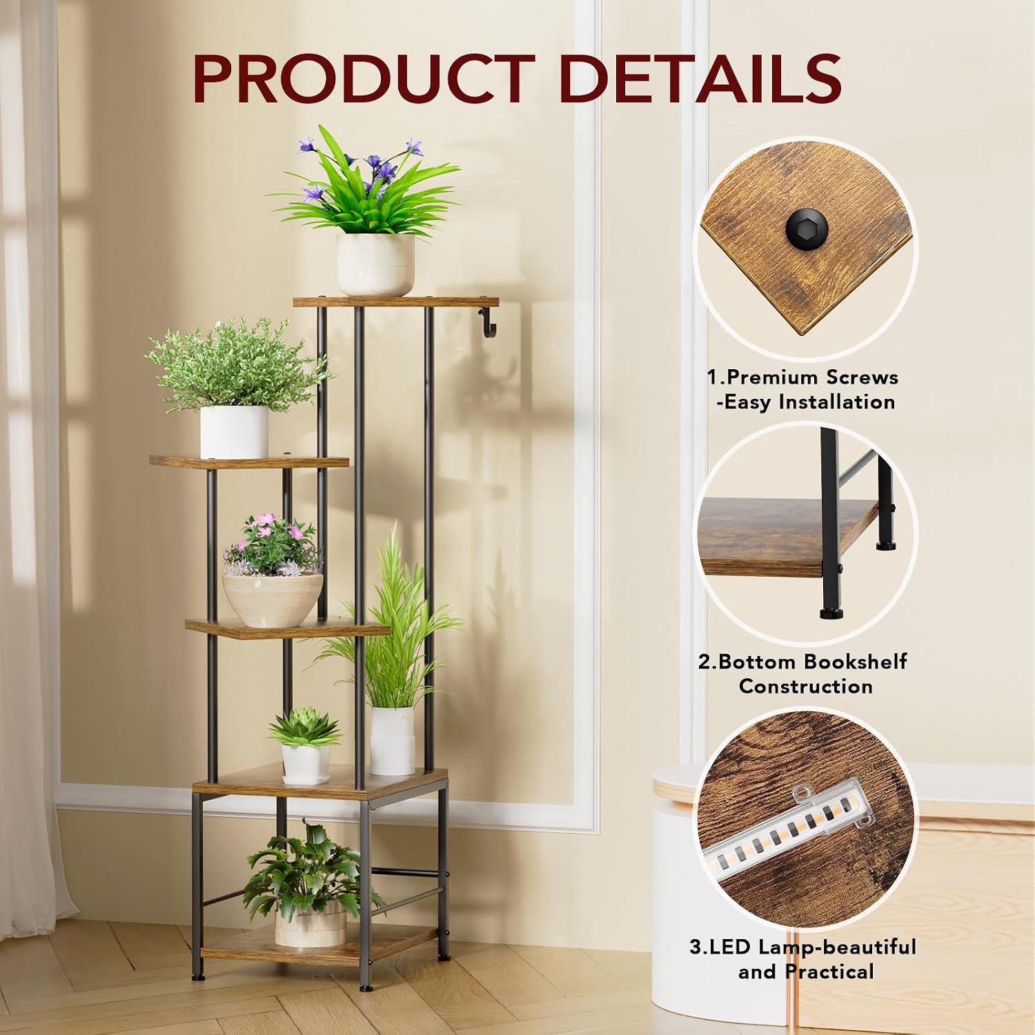 Plant Stand Indoor with Grow Light - 5-Tier Metal Plant Shelf with Hanging Basket Hook, Corner Tall Flower Holder for