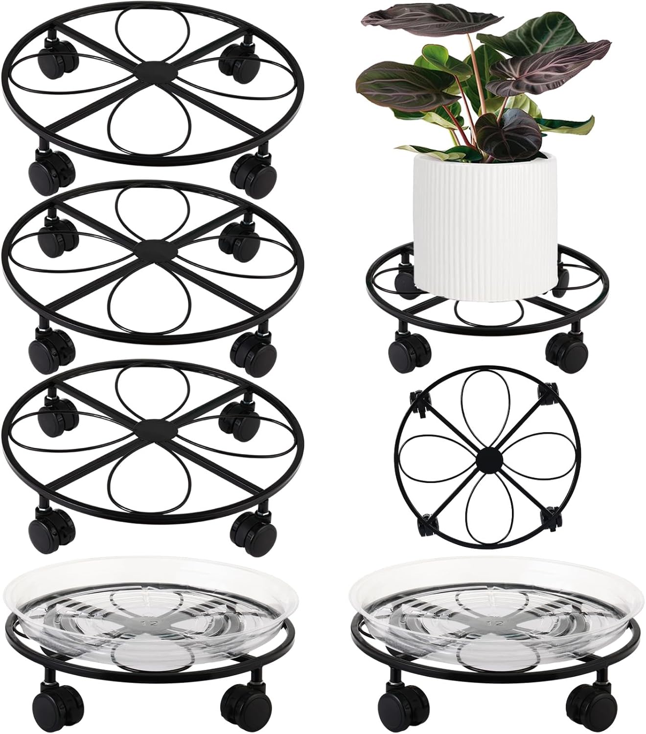 5 Packs 12 inches Large Metal Plant Caddy with Wheels Round Planter Dolly Pot Mover Rollers Wrought Iron Rolling Plant