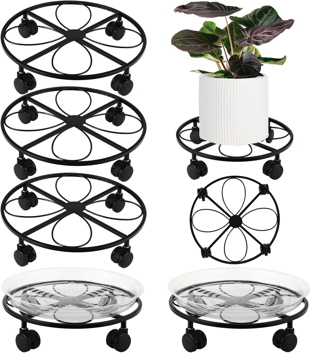 5 Packs 13.5 inches Large Metal Plant Caddy with Wheels Round Planter Dolly Pot Mover Rollers Wrought Iron Rolling
