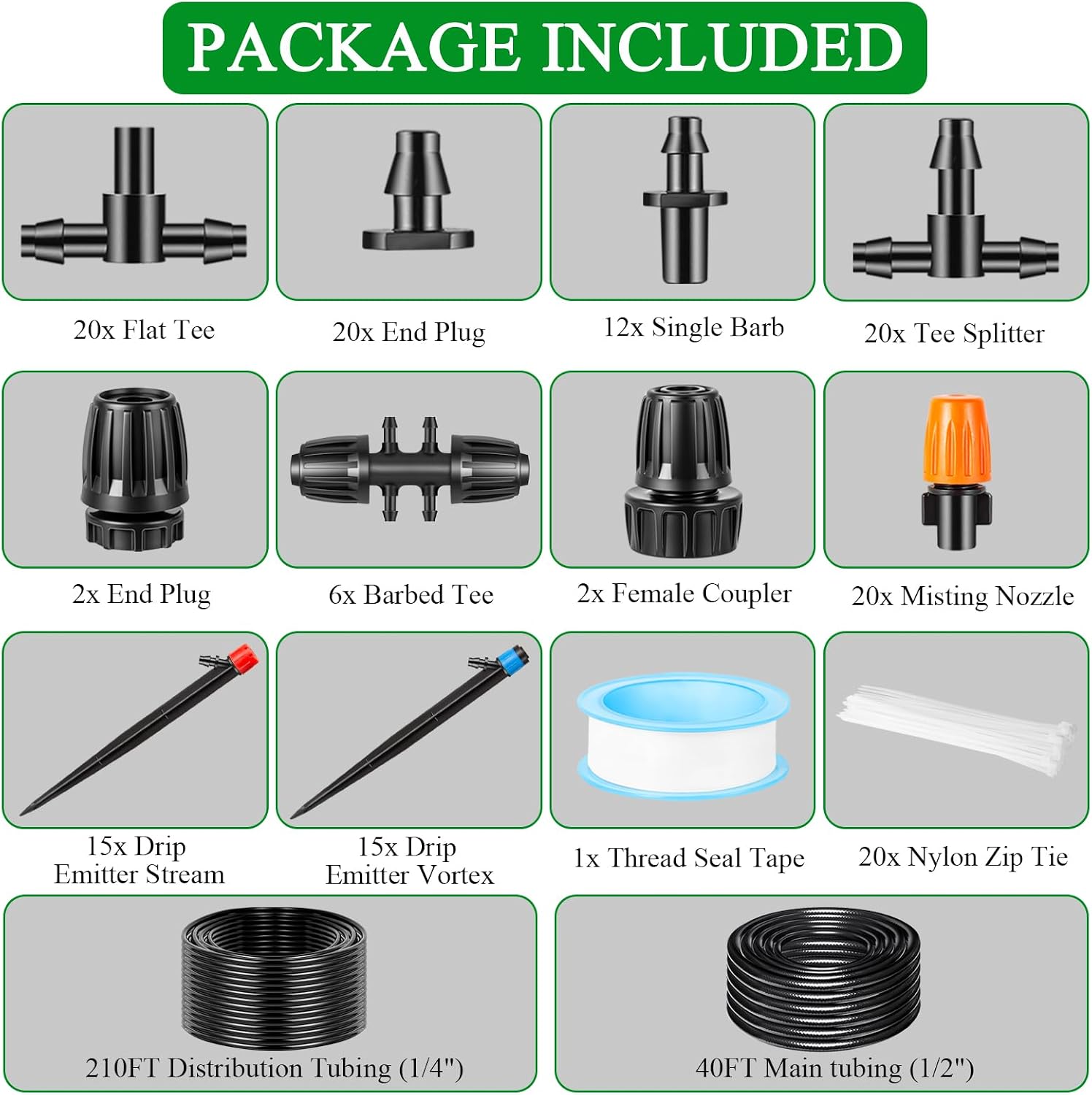 250FT Drip Irrigation System Kit, Automatic Drip Irrigation Kit with 1/2 inch Hose 1/4 inch Distribution Tubing and