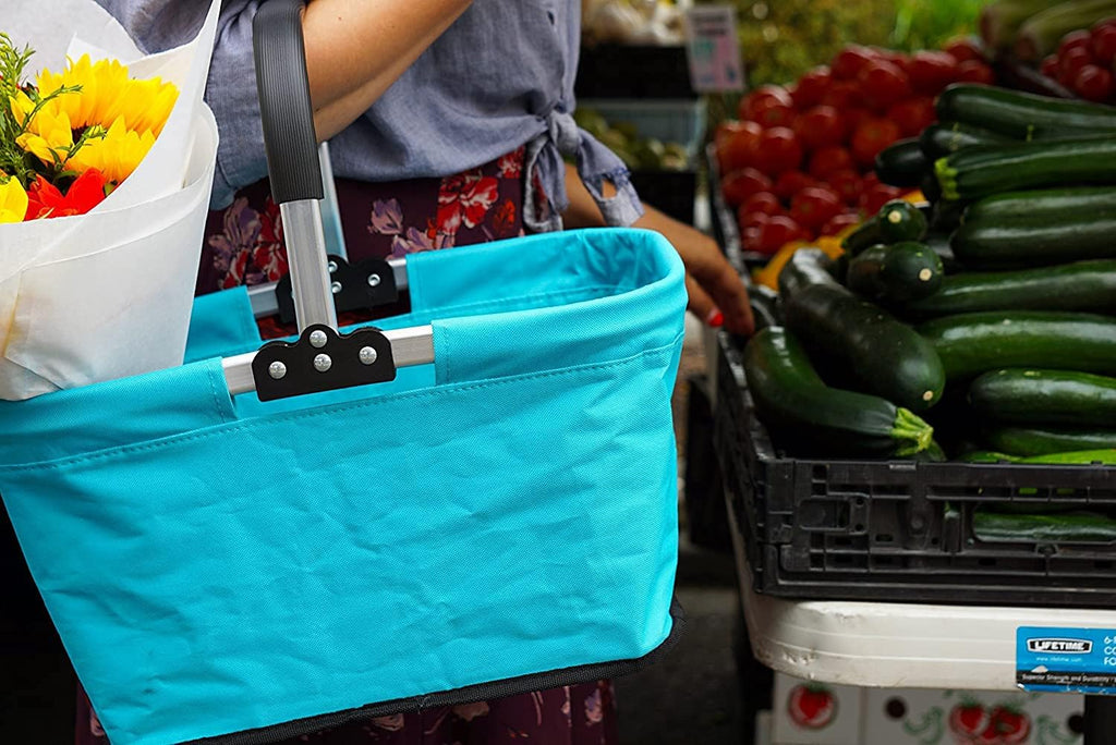 RSVP International Collapsible Market Basket Aluminum Frame, Large Zip Side Pocket, 17x11x18", Turquoise