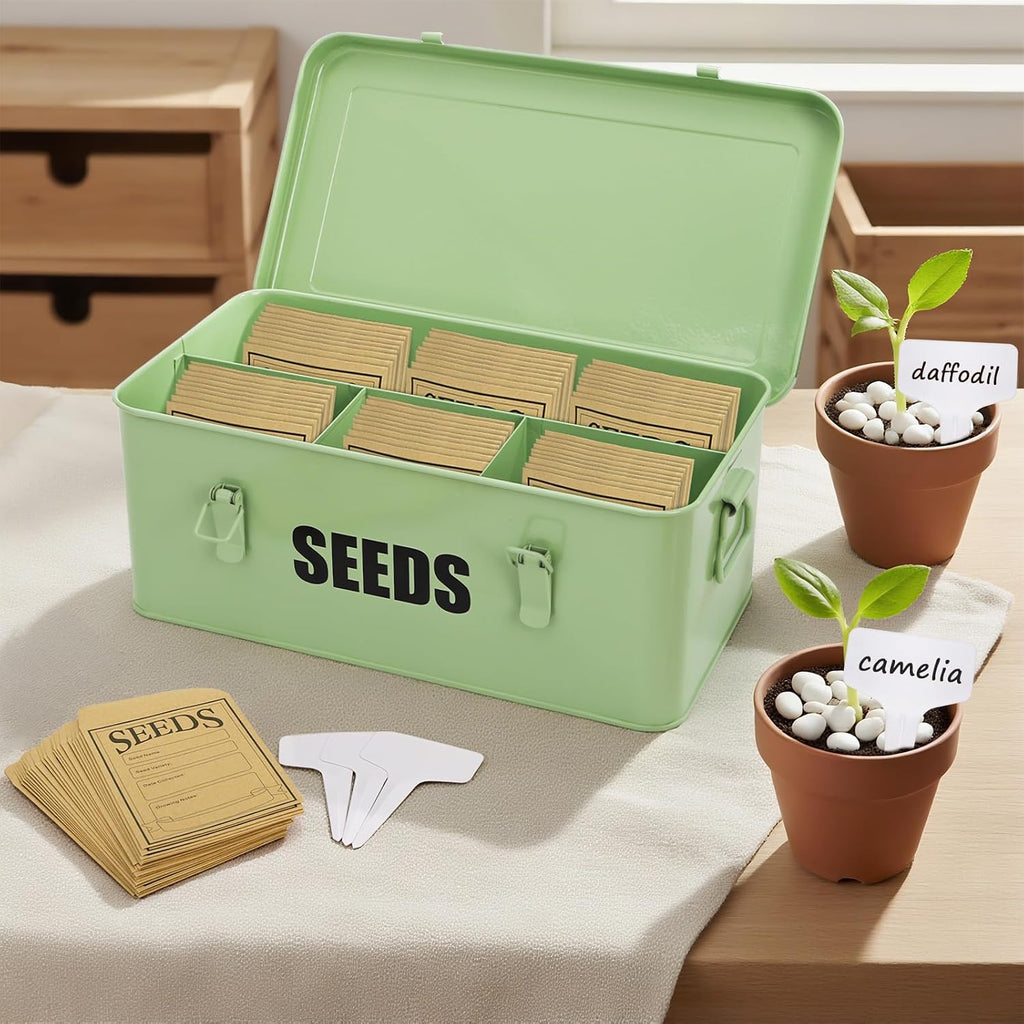 Seed Saving Box with 4 Compartments, Large Metal Seed Organizer Packet Container with Lid & Safety Locks, Garden Seed