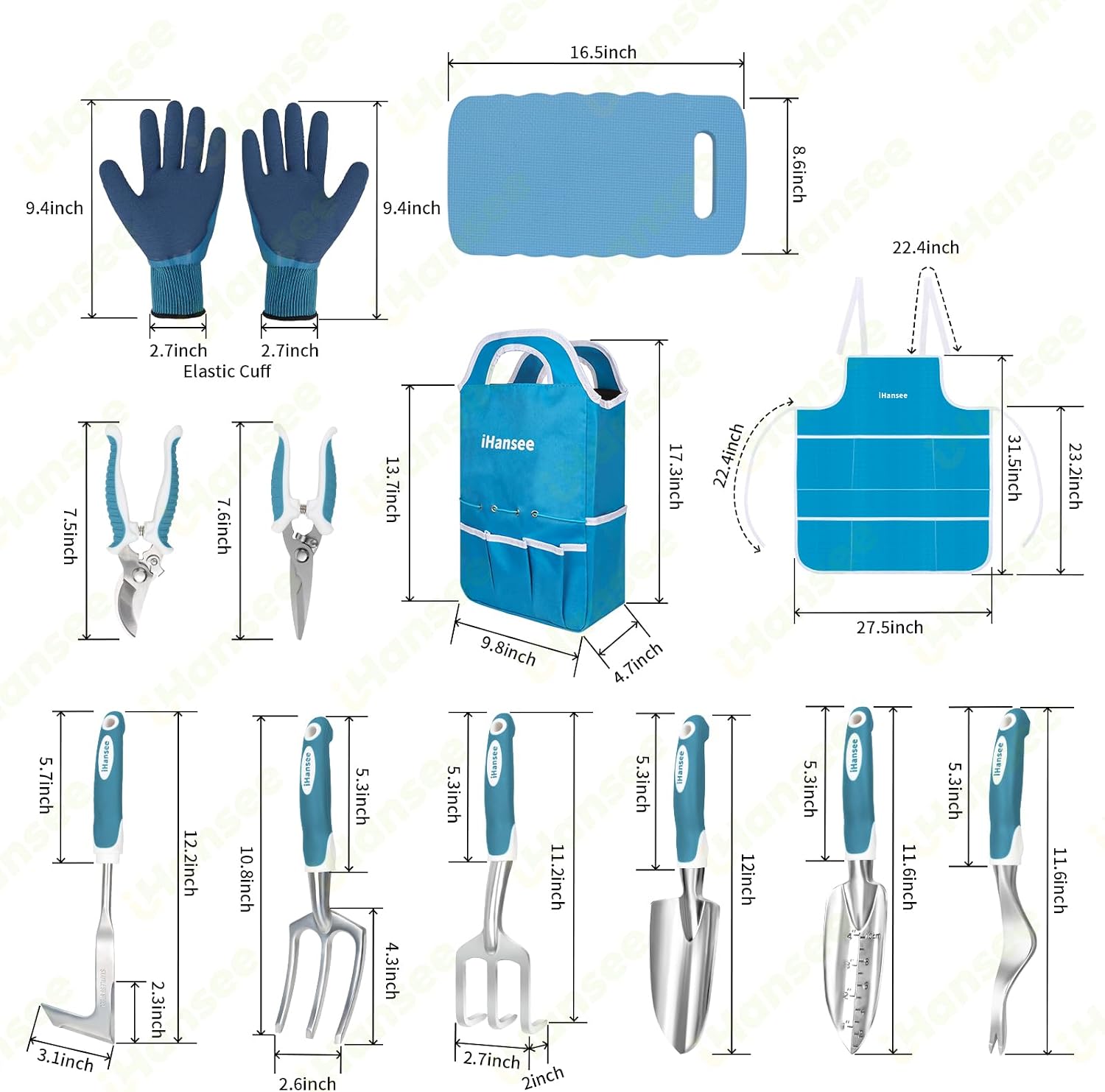 Blue Garden Tools Set 12-Piece, Gardening Gifts for Women Men | Aluminum Gardening Hand Tool with Non-Slip Handle