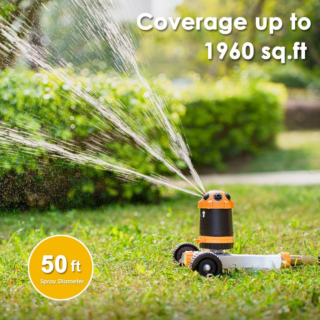 FANHAO Gear Drive Lawn Sprinkler with Metal Wheel Base, Heavy Duty 6-Pattern Water Sprinkler System, Adjustable
