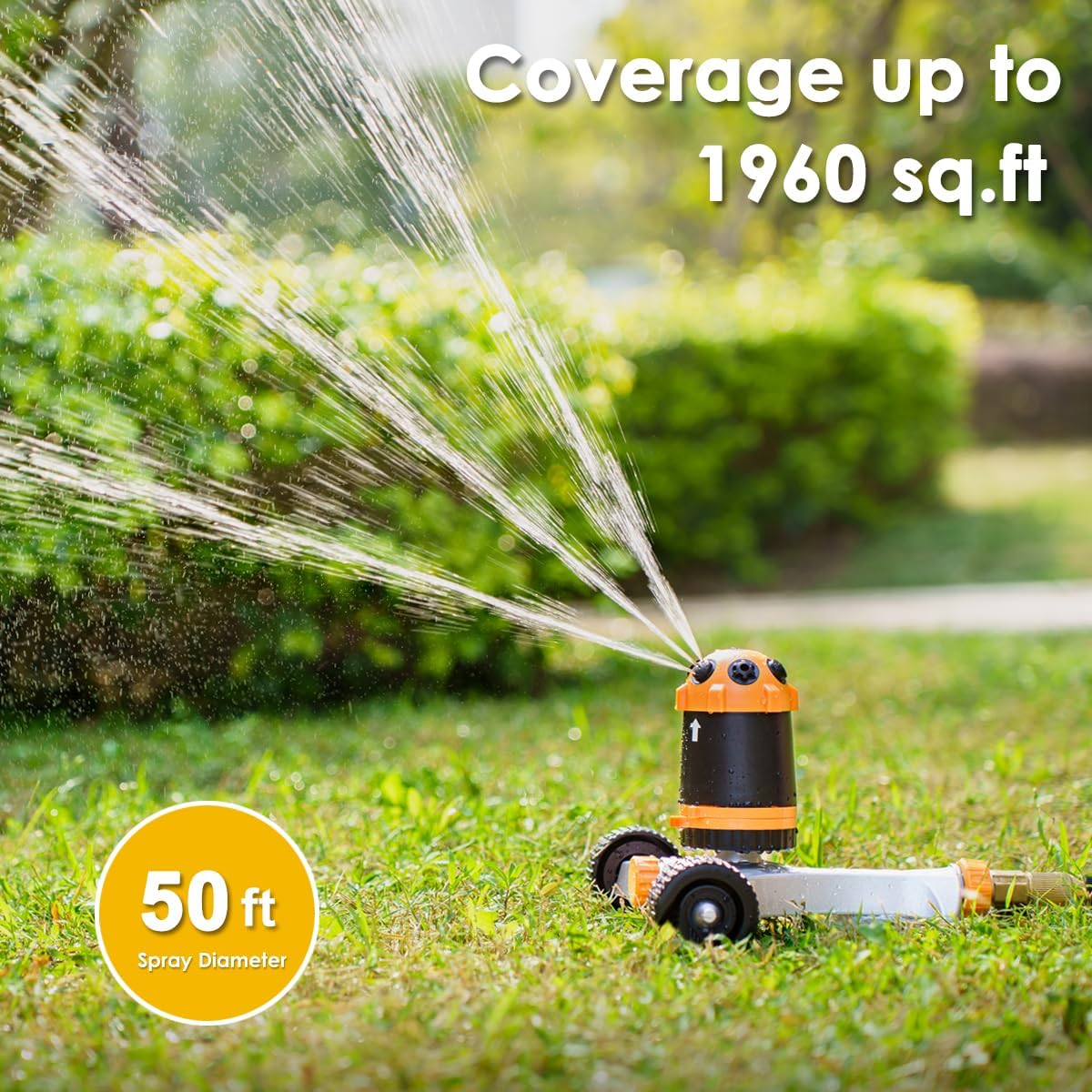 FANHAO Gear Drive Lawn Sprinkler with Metal Wheel Base, Heavy Duty 6-Pattern Water Sprinkler System, Adjustable