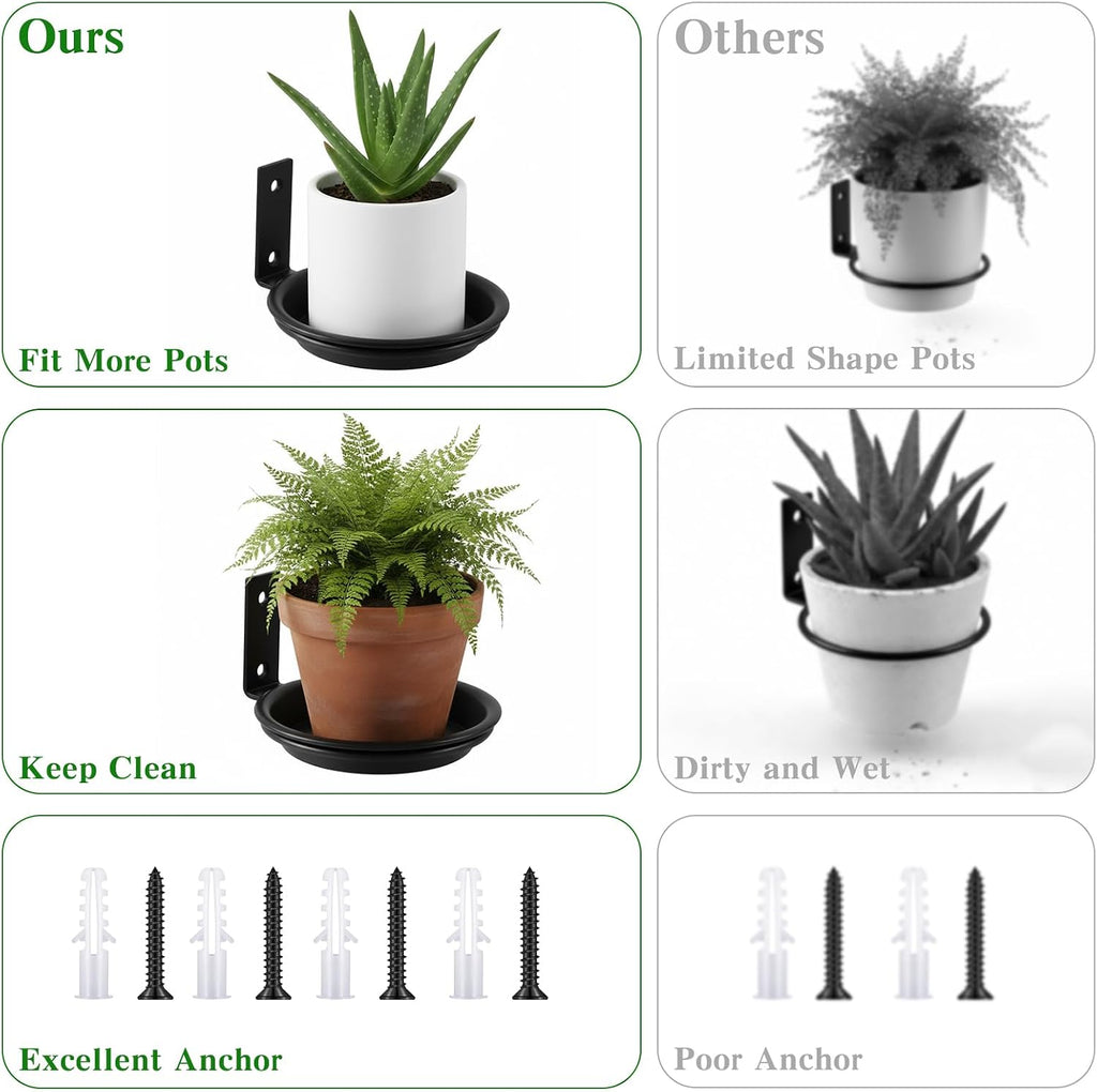 6 Pack 6'' Wall Mount Plant Holder with 8 Replaceable Trays, Heavy Duty Metal Flower Pot Holder Ring, Plant Hanger for