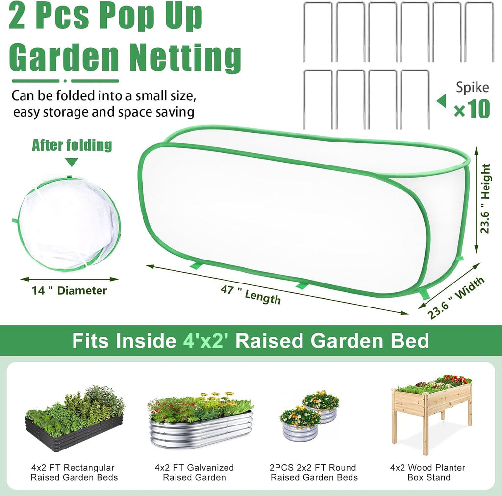 2 Pack Garden Netting Covers, 3.9X2FT Raised Bed Plant Netting, 10 Stakes | Garden Raised Bed Cover, Plant Netting