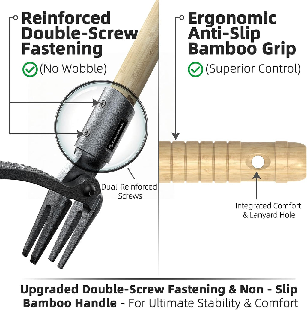 Stand Up Weed Puller Tool, Long Handle Weed Remover, 4-Claw Steel Head | Manual Root Remover, No-Bend Weeding, Bamboo
