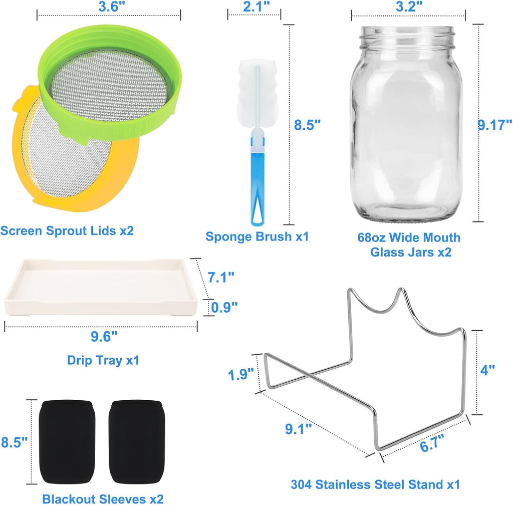 [Large Size] 68oz Sprouting Kit, 2 Sprouting Jar Kits, Wide Mouth Jars with Stainless Steel Screen Sprout Lid, 2000ml