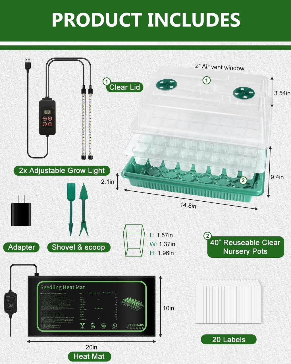 40 Cell Seed Starter Kit with Grow Light and Heating Mat | Graphene Heating Mat, Reusable Seed Starter Tray, 4.7"