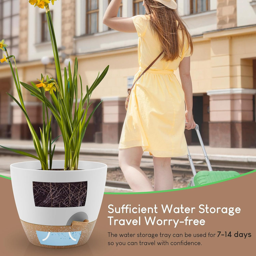 YNNICO Plant Pots 10/9/8/7.5/7 inch, Self Watering Planters with Drainage Holes & Saucers for Indoor and Outdoor Plants
