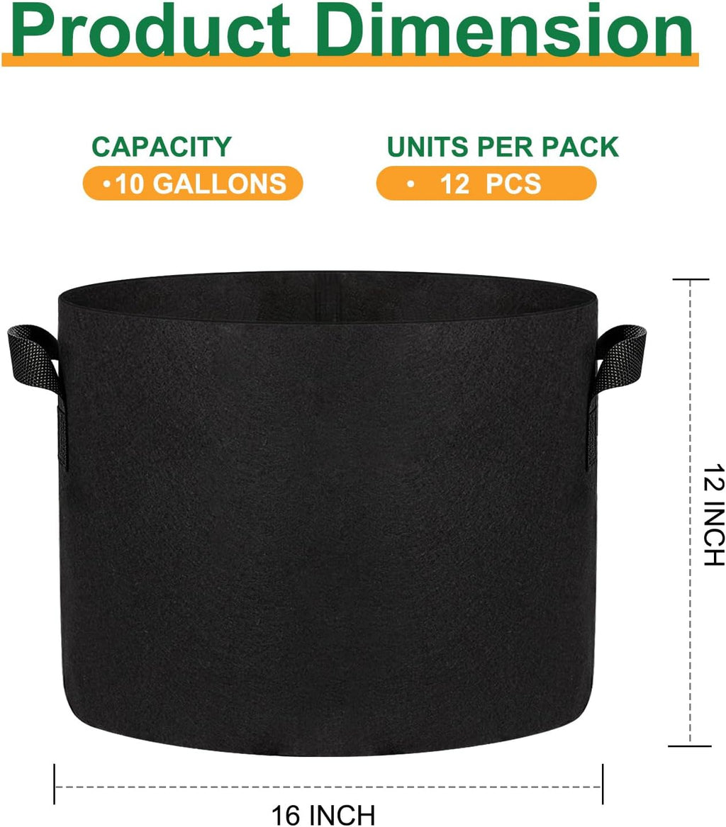 12-Pack 10 Gallon Grow Bags, 300G Thickened Nonwoven Garden Pots,Heavy Duty Fabric Pots with Reinforced Handles