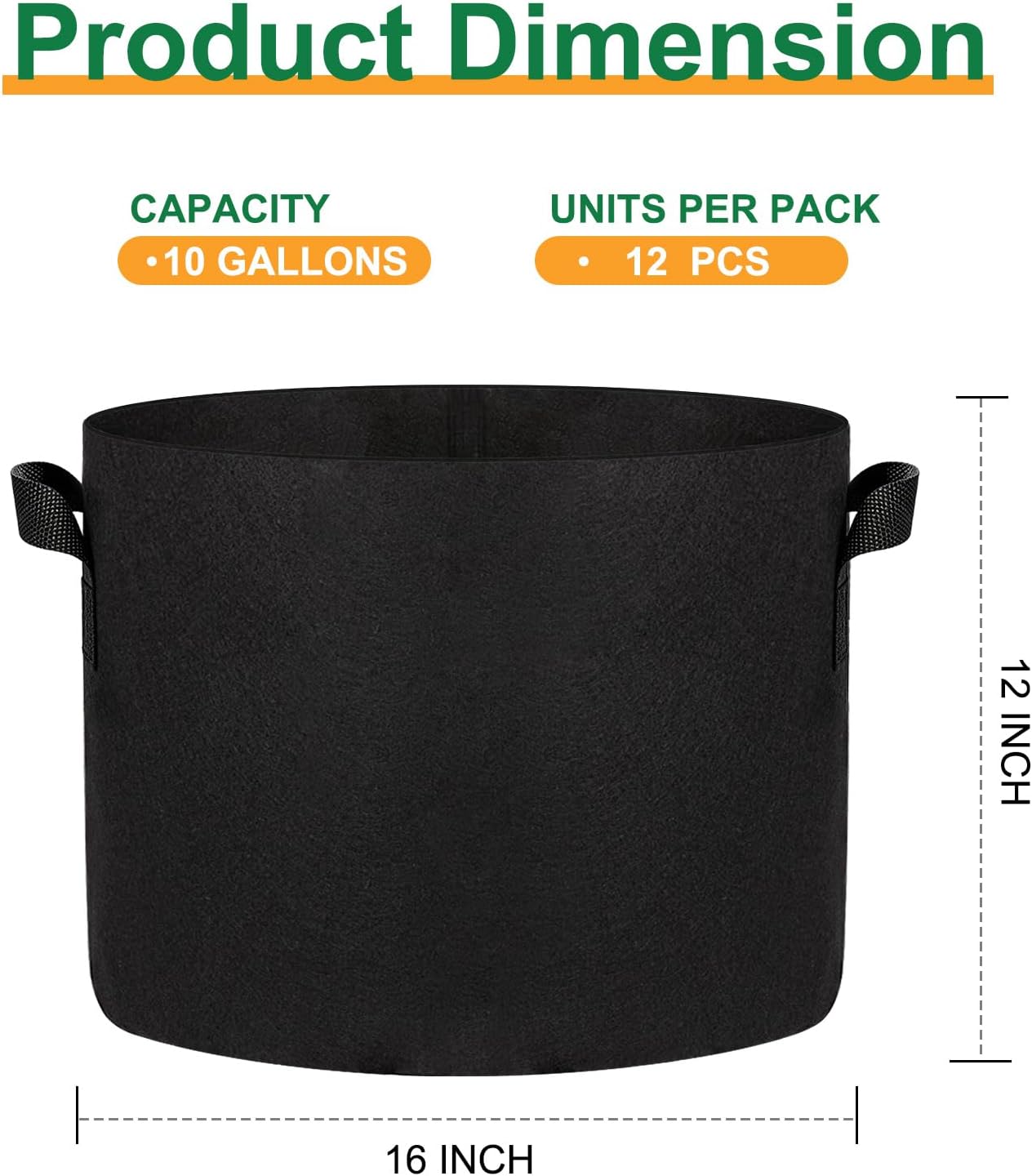 12-Pack 10 Gallon Grow Bags, 300G Thickened Nonwoven Garden Pots,Heavy Duty Fabric Pots with Reinforced Handles