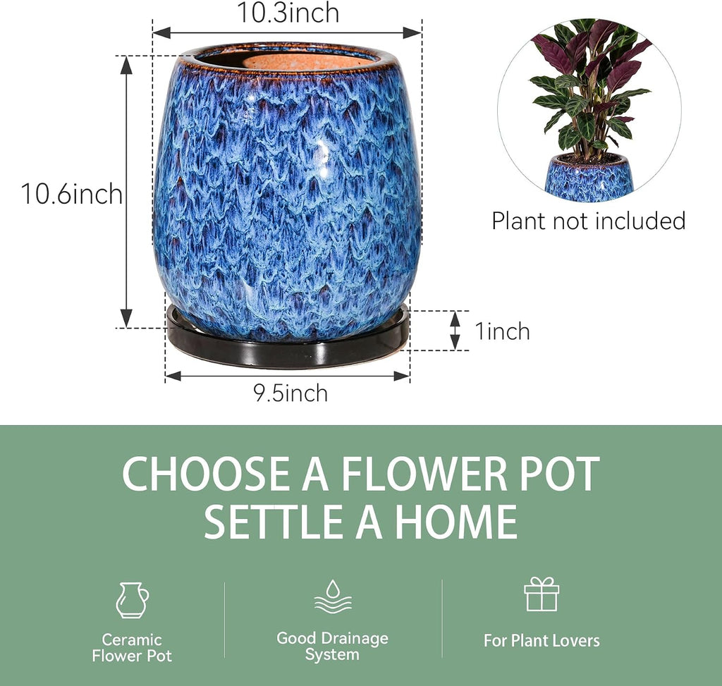 10.3 Inch Ceramic Glaze Plant Pot with Saucer, Flower Pots with Drainage Hole Mesh Net (Blue)
