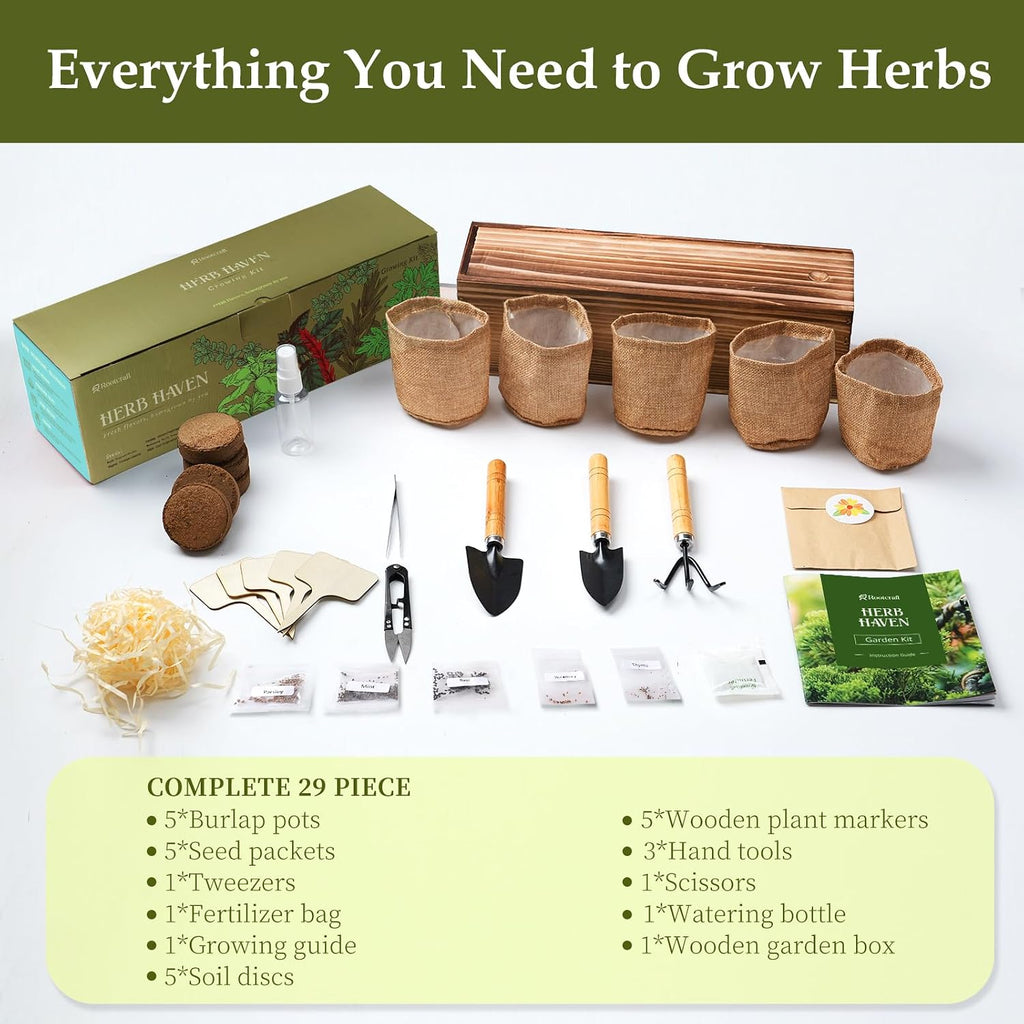 5 Herb Garden Planter Indoor with Wooden Box, Home Kitchen Seed Starter Kit Including Basil, Thyme, Parsley, Rosemary