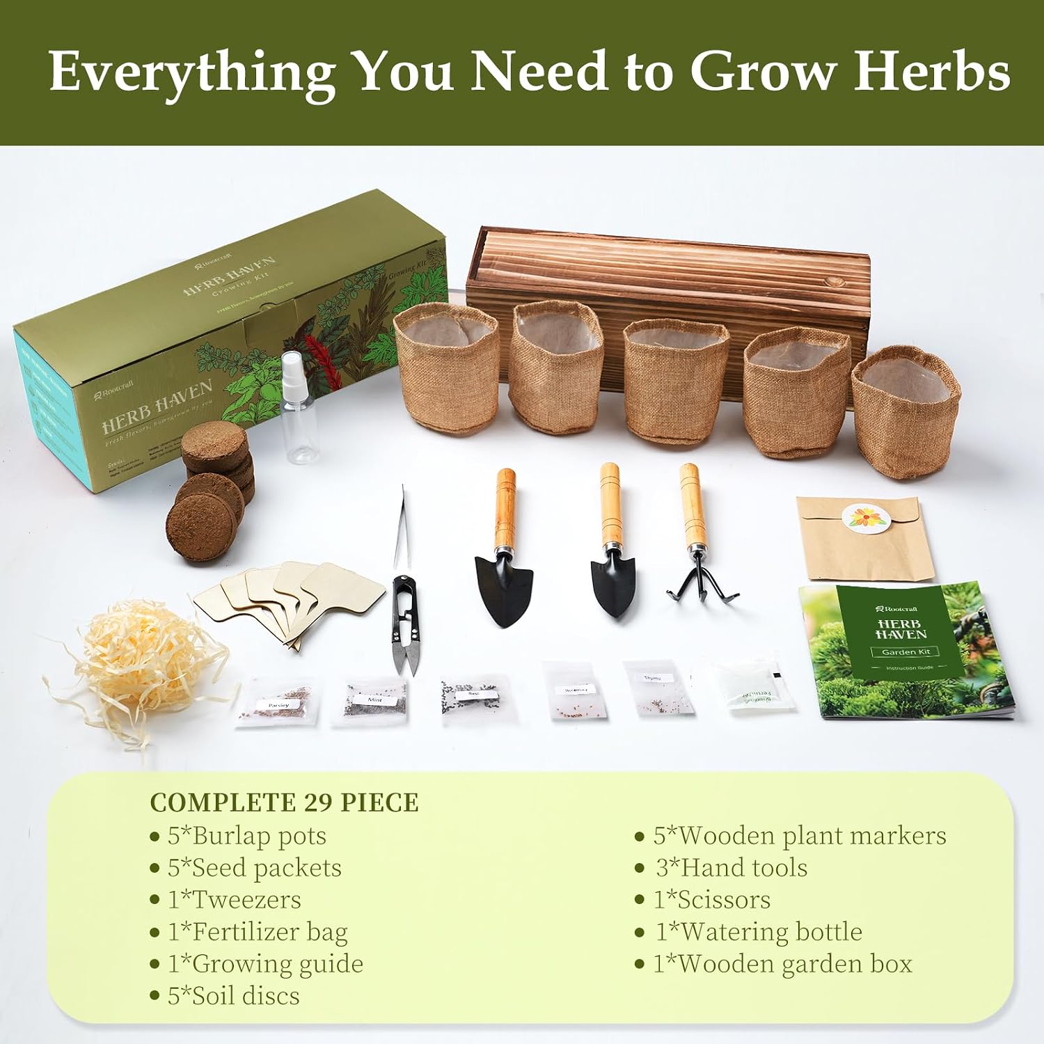 5 Herb Garden Planter Indoor with Wooden Box, Home Kitchen Seed Starter Kit Including Basil, Thyme, Parsley, Rosemary