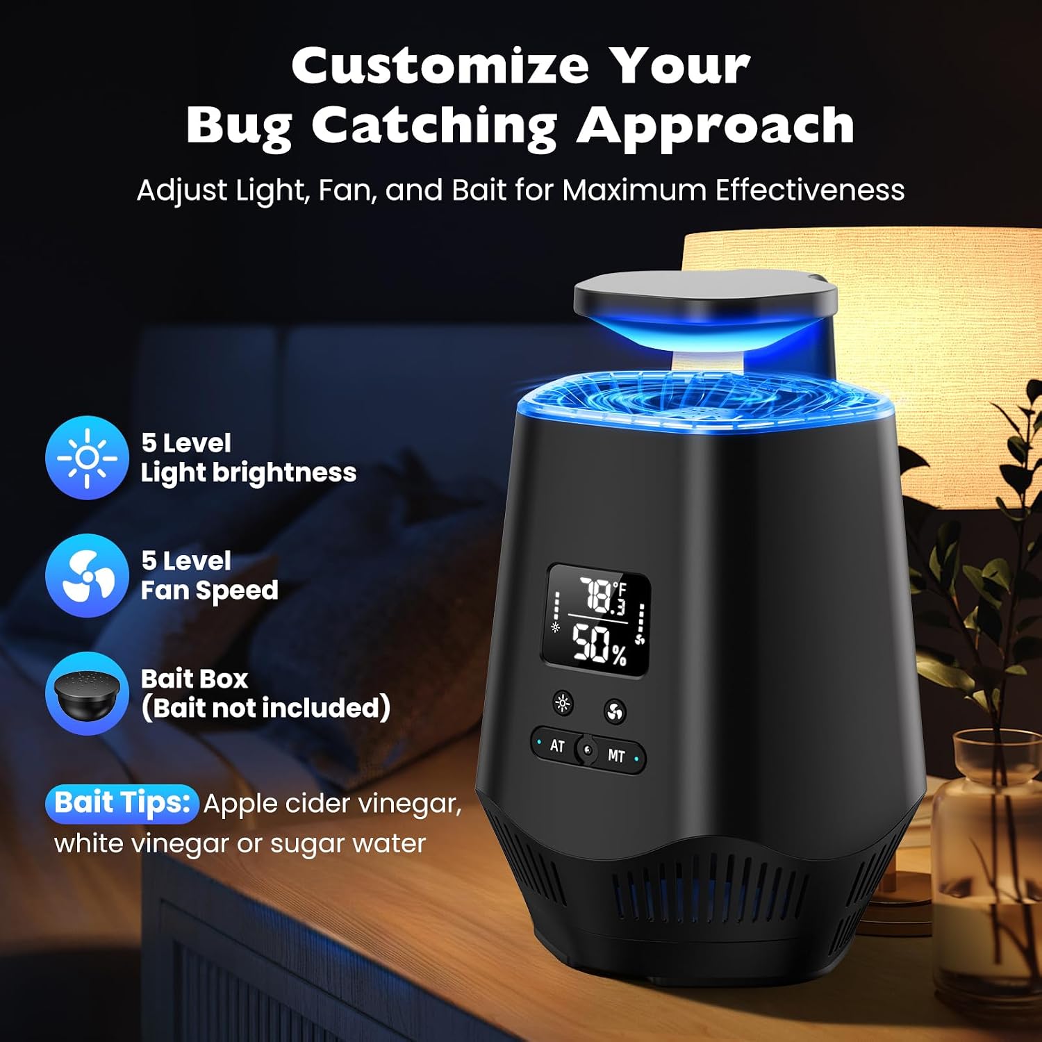 Fruit Fly Traps for Indoors, Smart Fly Trap Indoor Bug Zapper Gnat Traps for House Indoor with Temperature and Humidity