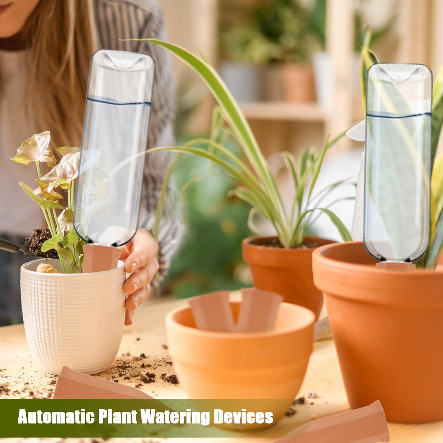 8 Pcs Plant Watering Devices Terracotta Self Watering Plant Spikes and Plastic Bottles, Automatic Terra Cotta Watering