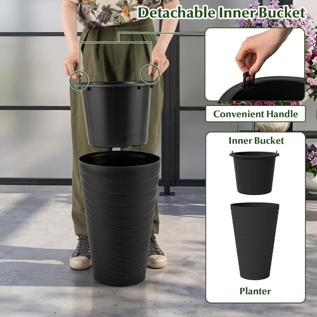 GIANTEX 18" Tall Flower Pot Set 2, Modern Decorative Planter Pots, Black | Insert Bucket, Handle, Drainage Holes, Round