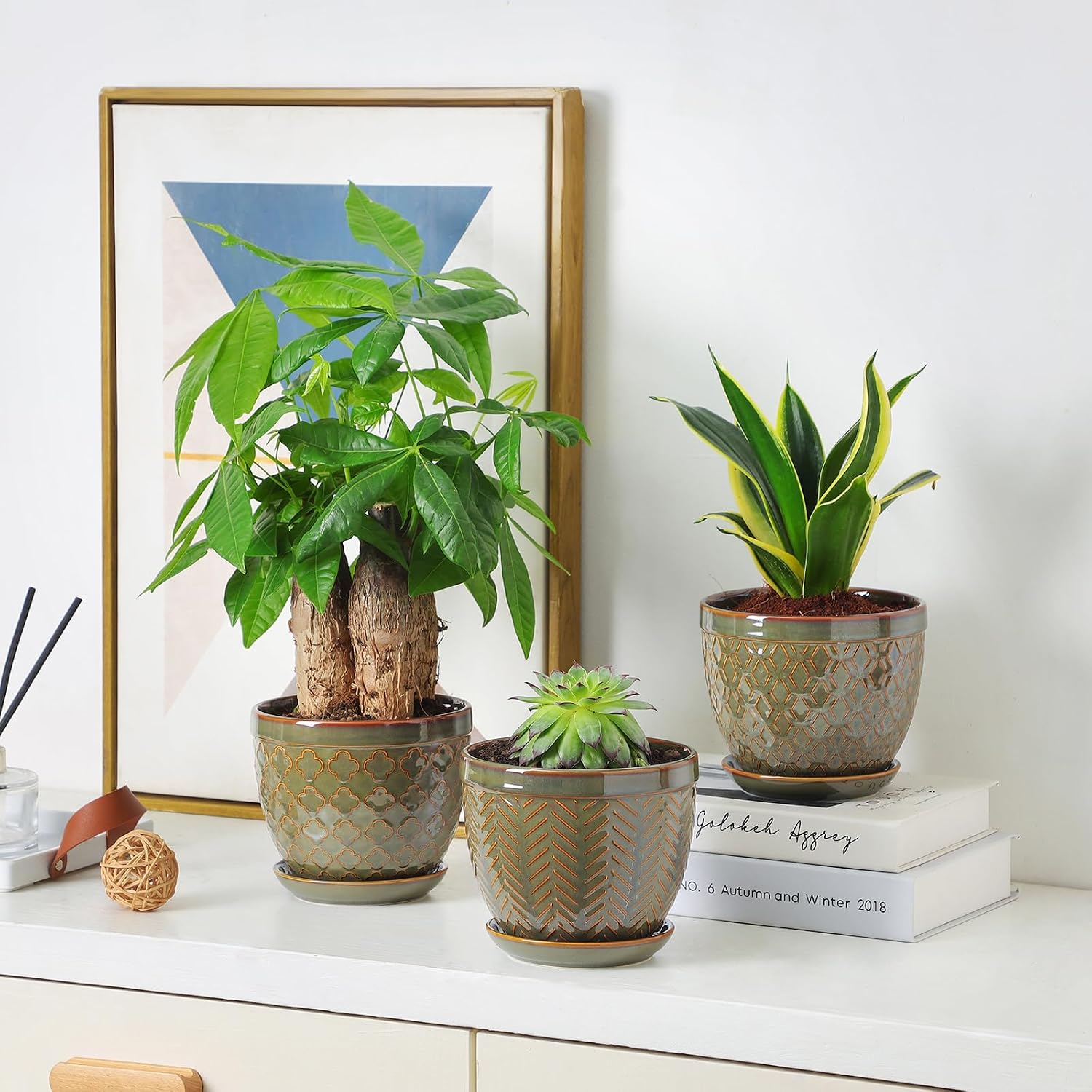 Sureasy Ceramic Indoor Plant Pots, 5.6 Inch Flower Pots for Plants with Drainage Hole and Saucer, Embossed Planter for