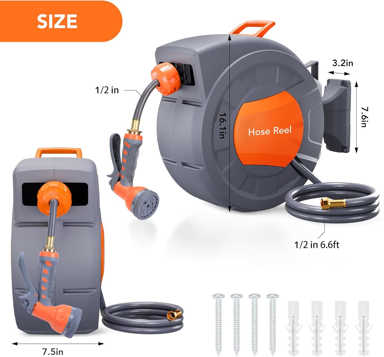 GAOMON Retractable Garden Hose Reel - 1/2 in x 72 ft, Wall Mounted, 9-Function Sprayer, Any Length Lock, 180° Swivel