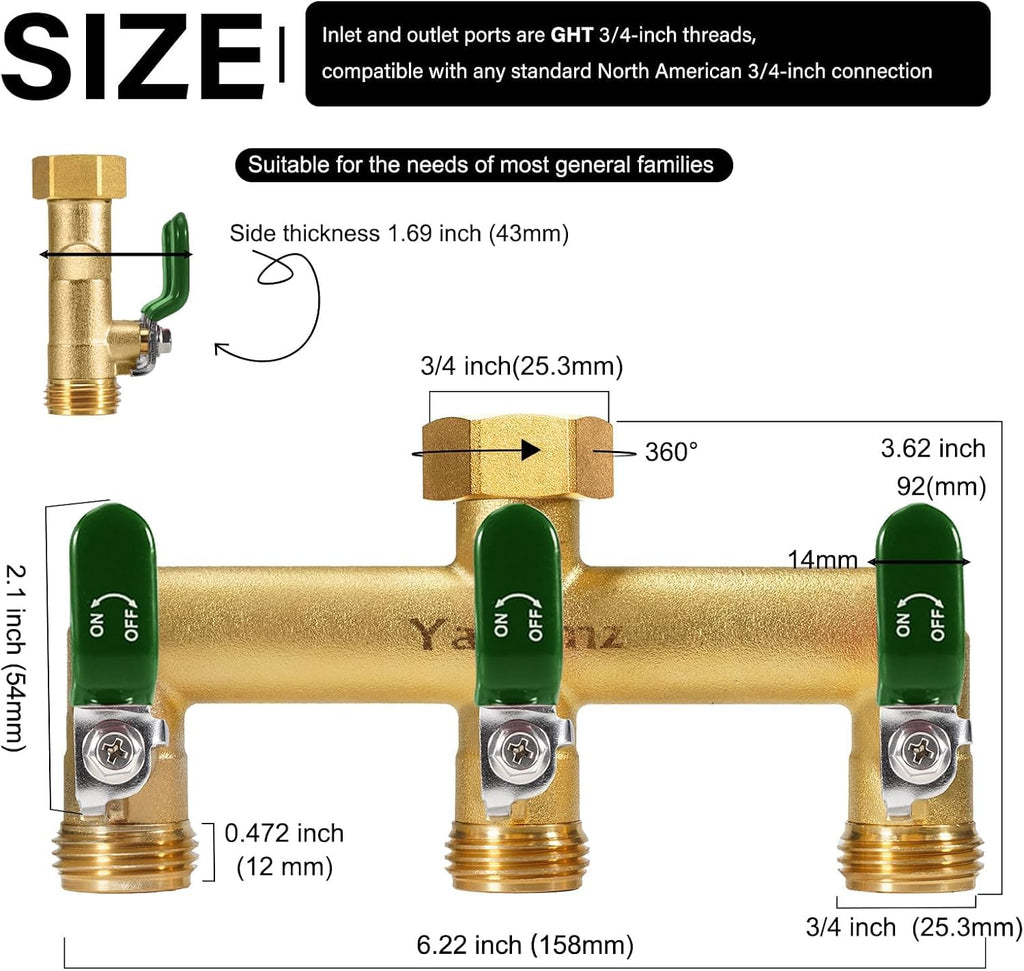 3 Way Garden Hose Splitter, 3/4" GHT Outdoor Water Spigot Splitter | Heavy Duty Solid Brass Body with Shut-off Valves &