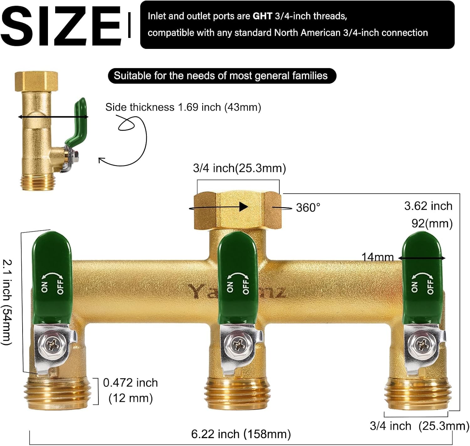 3 Way Garden Hose Splitter, 3/4" GHT Outdoor Water Spigot Splitter | Heavy Duty Solid Brass Body with Shut-off Valves &