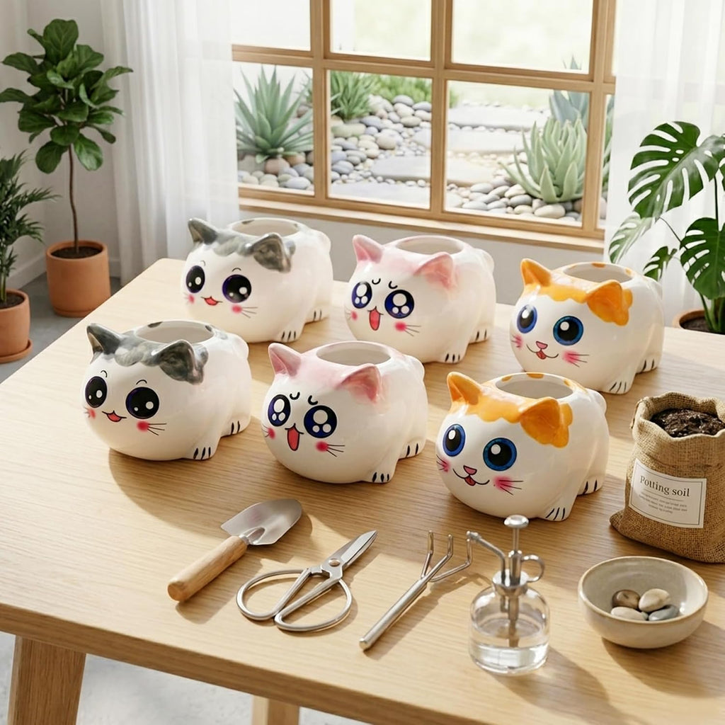 Cat Succulent Pots Set of 6 - Small Ceramic Animal Planters with Drainage | Cute Mini Flower Pots for Air Plants &