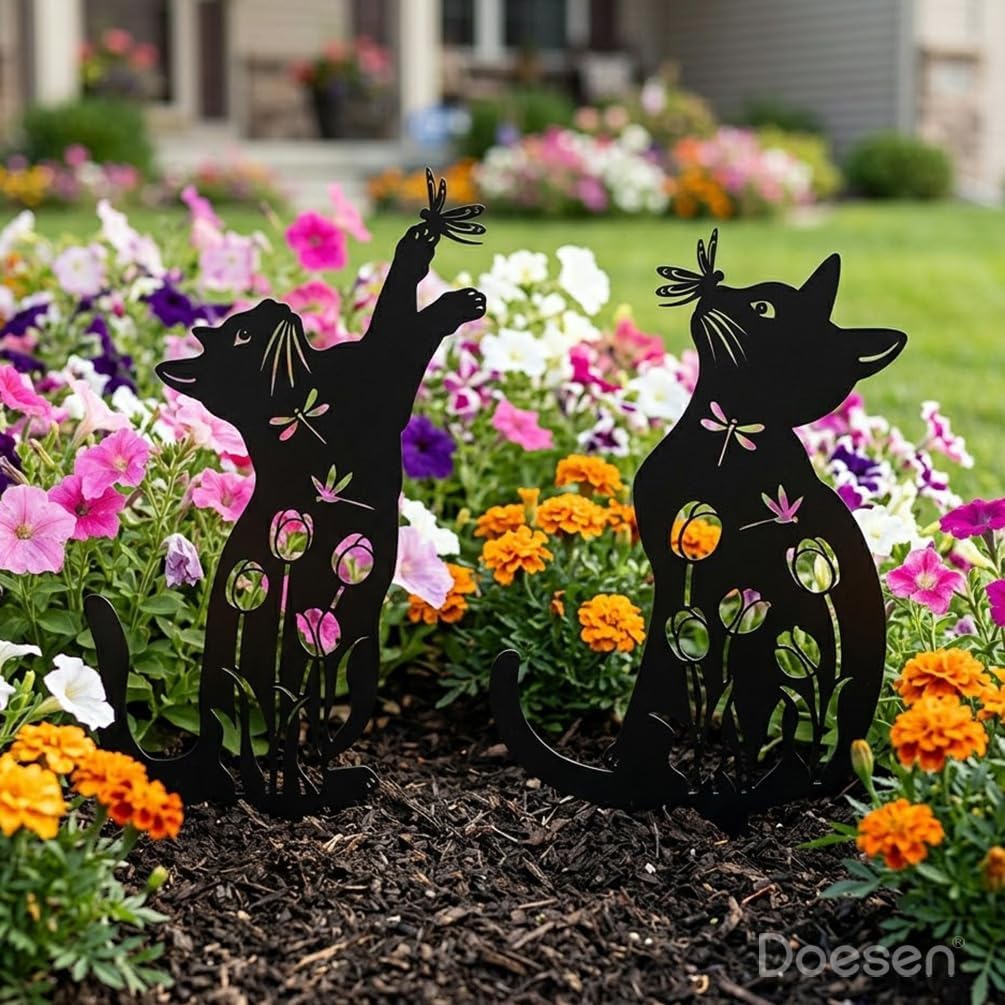 Metal Cat Garden Decor Black Cat Silhouette Yard Art Garden Stakes | Rust-proof Metal Black Cat Yard Decor Garden Art