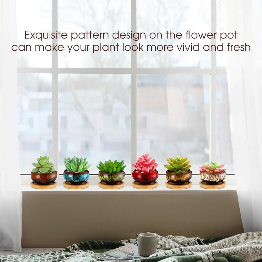 48 Pcs Ceramic Succulent Pots 2.5 Inch Small Plant Pots Indoor with Drainage and Bamboo Saucers Colorful Succulent