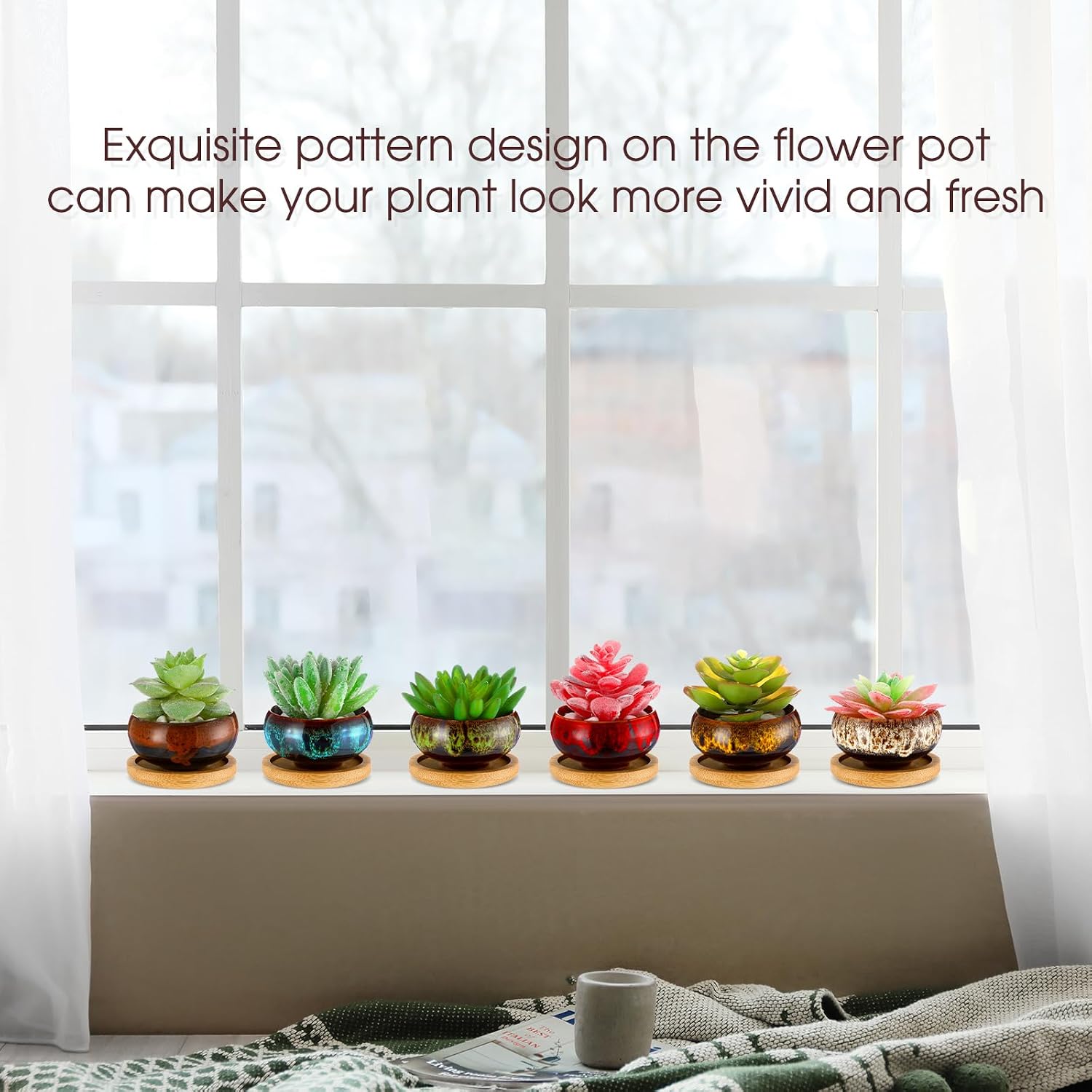 48 Pcs Ceramic Succulent Pots 2.5 Inch Small Plant Pots Indoor with Drainage and Bamboo Saucers Colorful Succulent