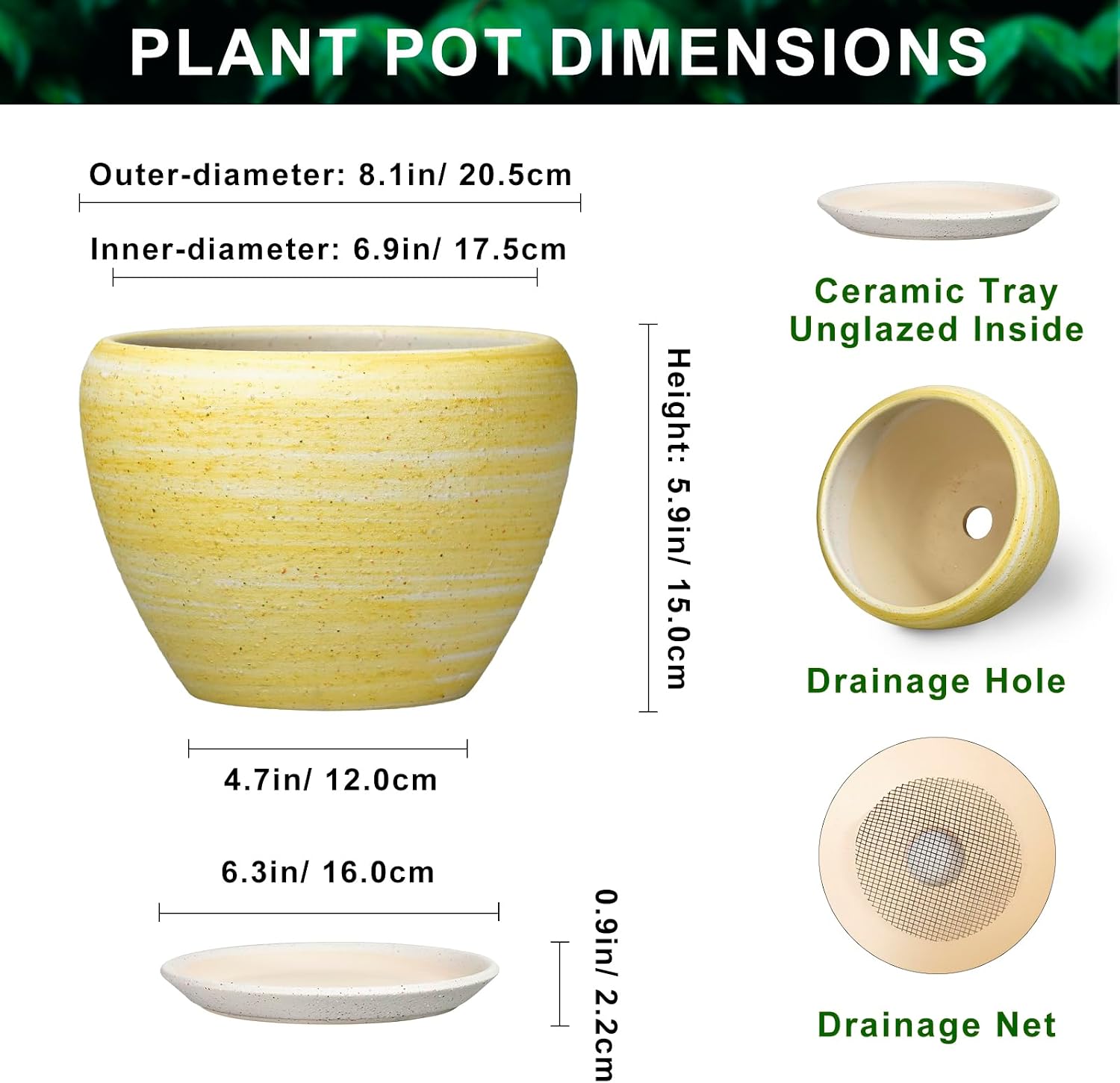 Ceramic Plant Pots - 8 Inch Planter with Drainage Hole and Tray, Decorative Pots for Plants Indoor Outdoor, Round