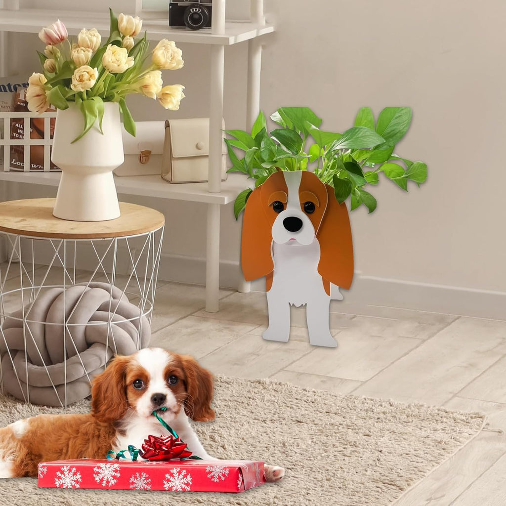 Brown King Cavalier Dog Planter Pots, Animal Shaped Flower Pot | Large Cute Plant Gift for Women and Pet Lovers, Indoor