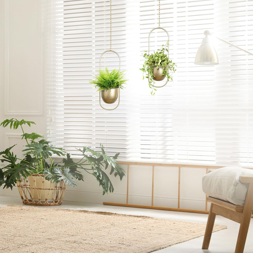 AceList Boho Hanging Planter for Indoor Plants - Set of 2 Gold Metal Wall Planter 5.7Inch with Hooks and Chins, Plant