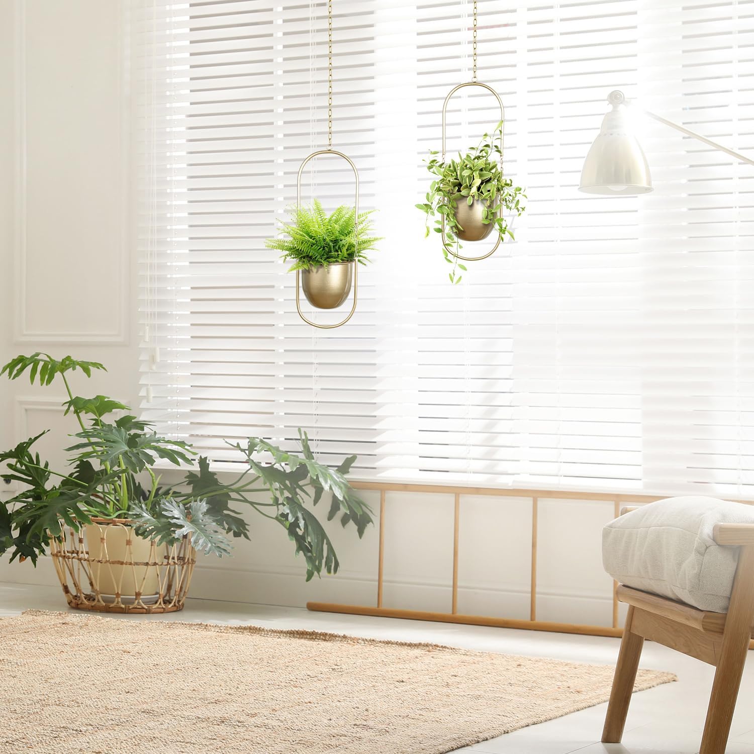 AceList Boho Hanging Planter for Indoor Plants - Set of 2 Gold Metal Wall Planter 5.7Inch with Hooks and Chins, Plant