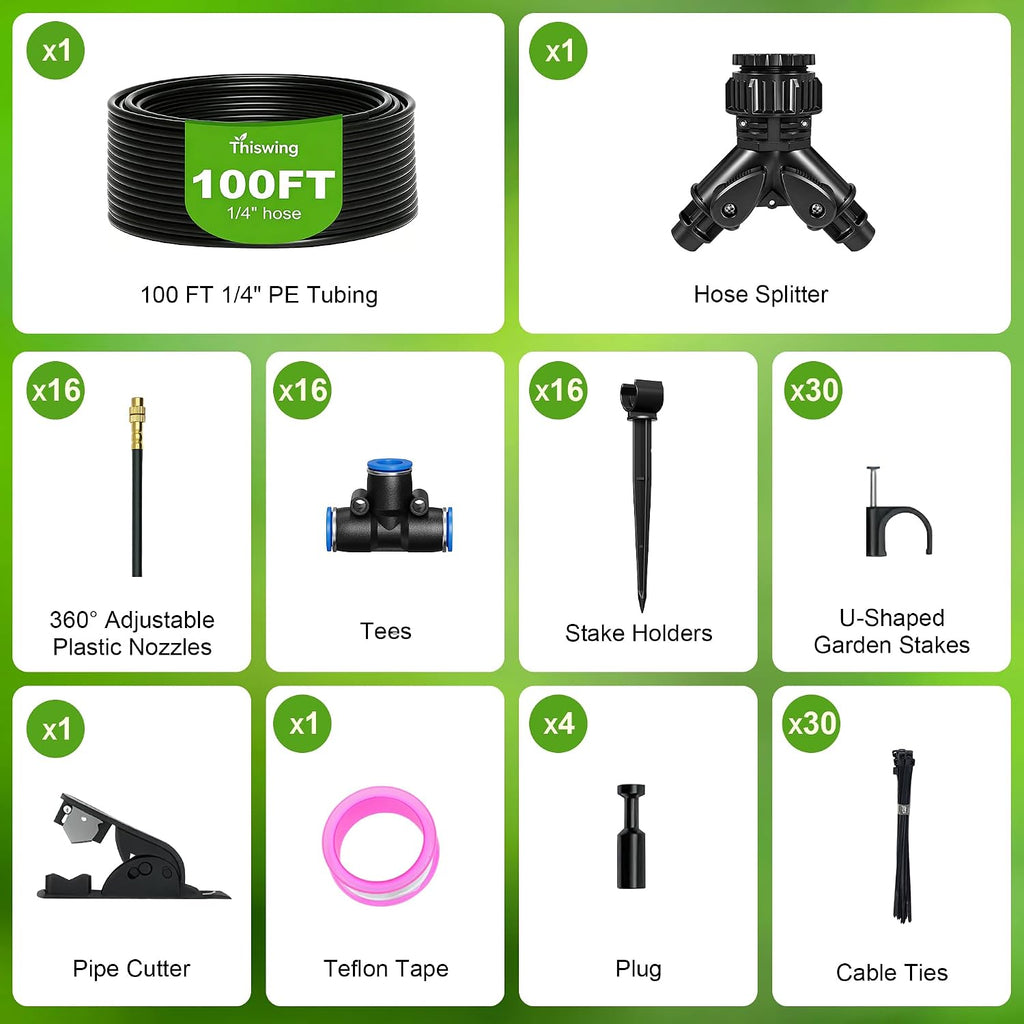 Thiswing 100 FT 360° Adjustable Irrigation System with Stake Holders | 1/4" Tubing, 16 Nozzles, Automatic Watering