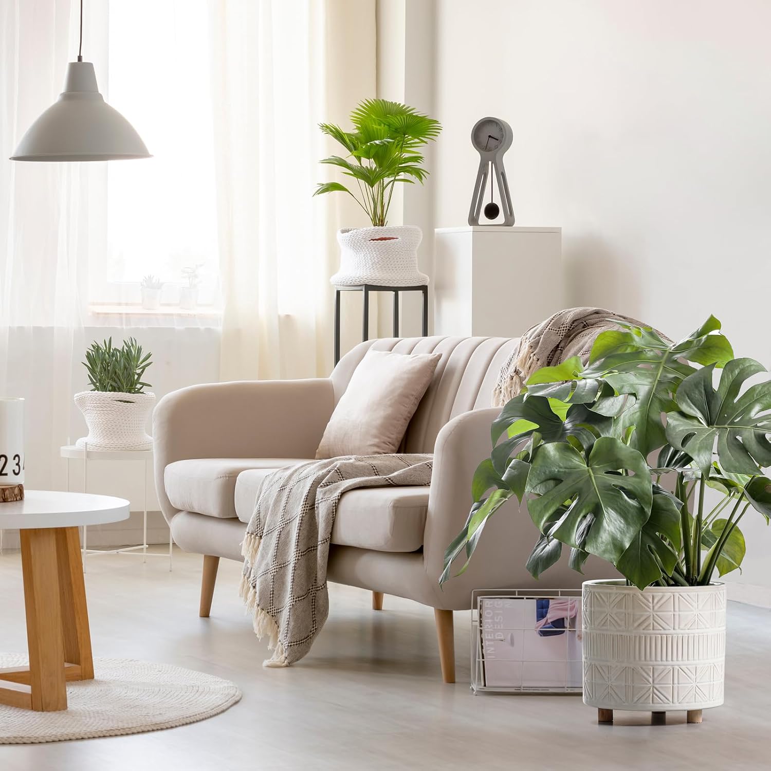 Ceramic Plant Pot with Foots: 10 Inch Planter with Wooden Legs - Large Pots for Indoor Plants - Modern Flower Pot for