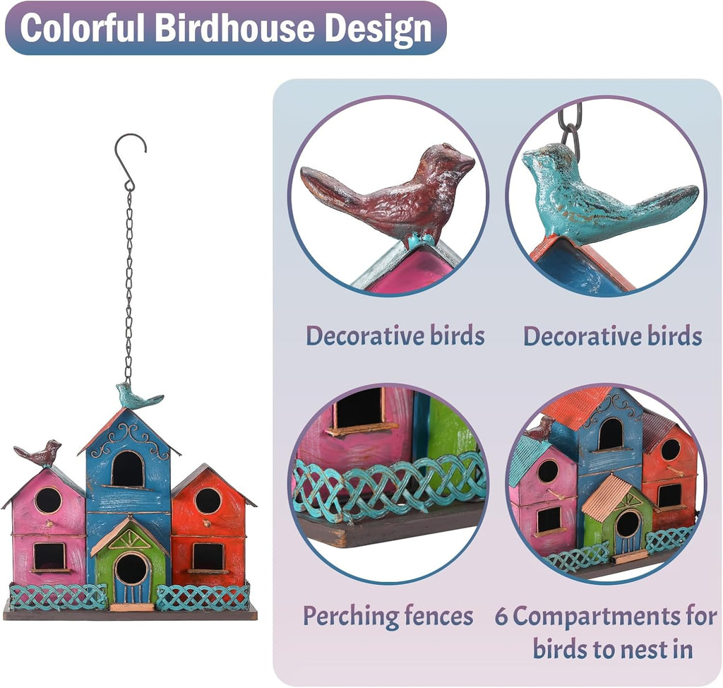 Metal Bird Houses for Outside Hanging, Large Bird Houses for Outdoors with 4 Compartments for Birds to Nest in