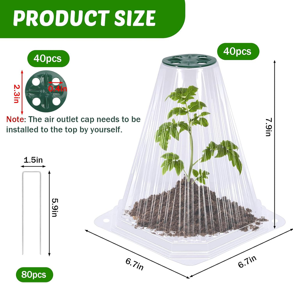 VICAMB 40 Pack Garden Cloches for Plants with 80PCS Ground Stakes,Clear Reusable Bell Covers with Rotatable Vent for