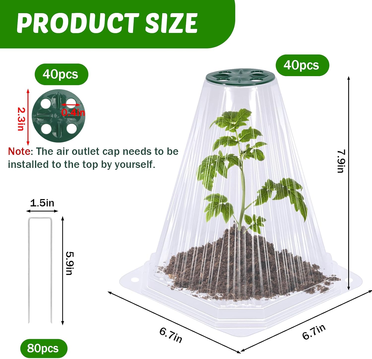 VICAMB 40 Pack Garden Cloches for Plants with 80PCS Ground Stakes,Clear Reusable Bell Covers with Rotatable Vent for