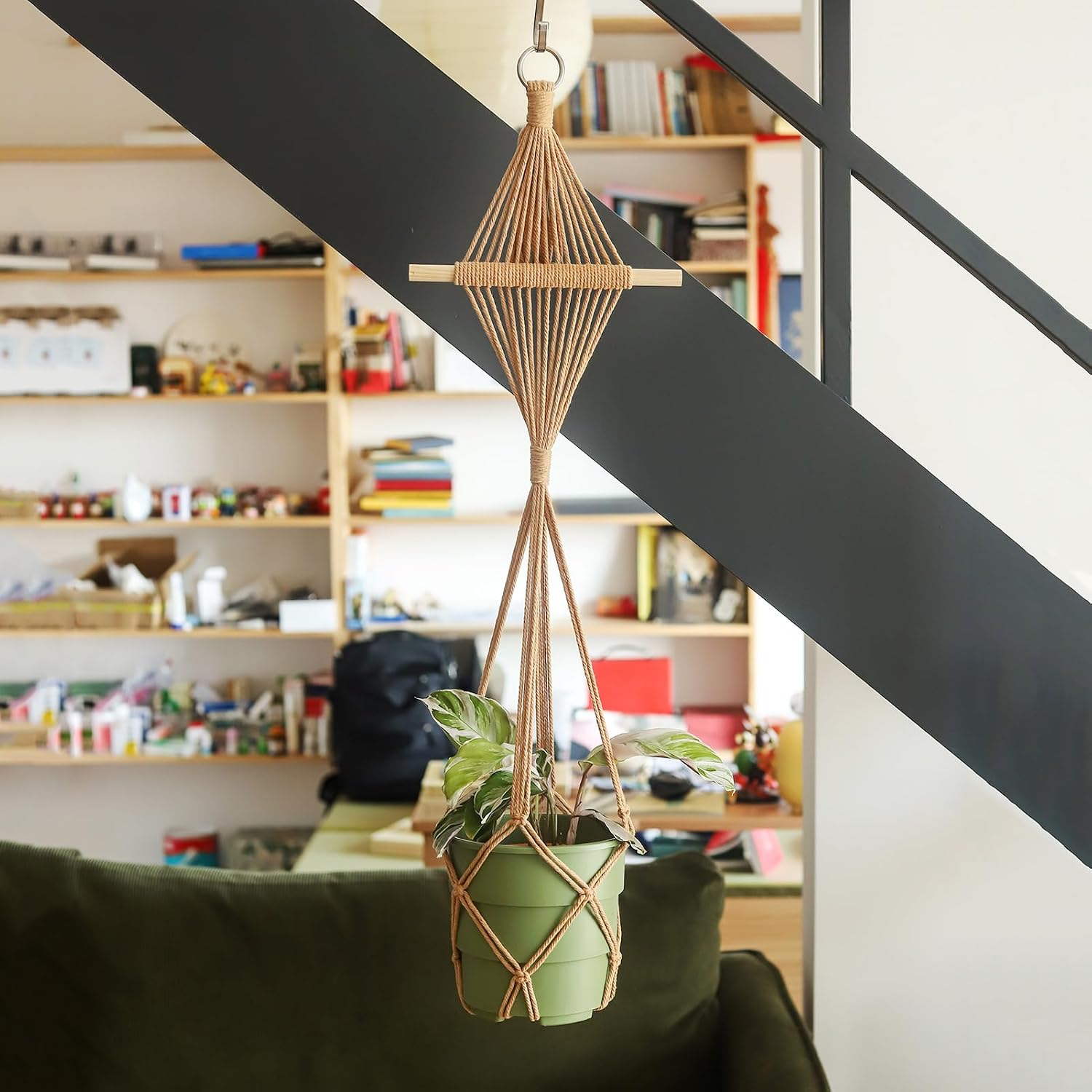 4 Pack Macrame Plant Hangers Indoor Up to 10 inch Pot, Boho Hanging Planters, Plant Holder with 8Pcs Stainless Steel