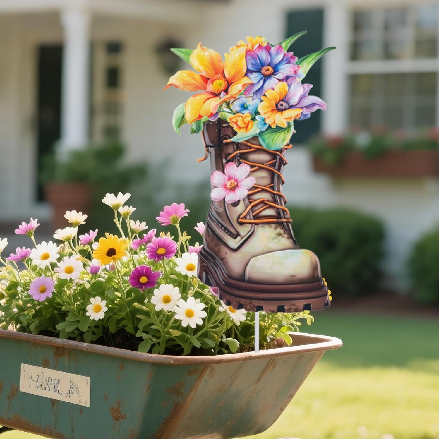 Garden Decor for Outside, 23" Decorative Garden Stake Metal Boot Flowers | Yard Art Stake for Outdoor Lawn Backyard