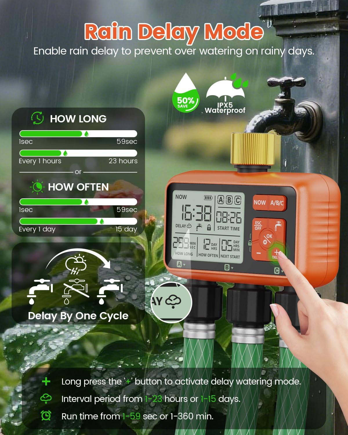 Sprinkler Timer 3 Zone with Brass Inlet Water Timer for Garden | Programmable Hose Faucet Controller with Independent